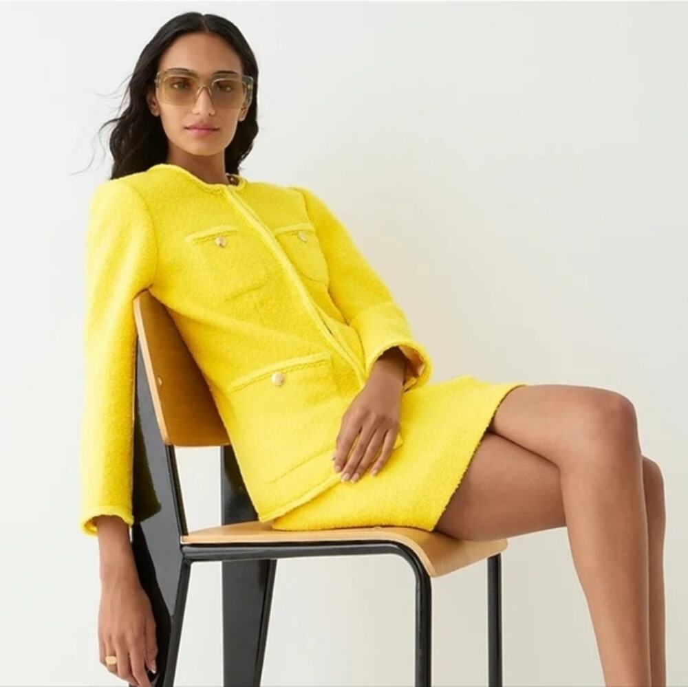 J.Crew Yellow Bouclé Long Lady Jacket & Mini Skirt Wool Blend Suit Set Size 4